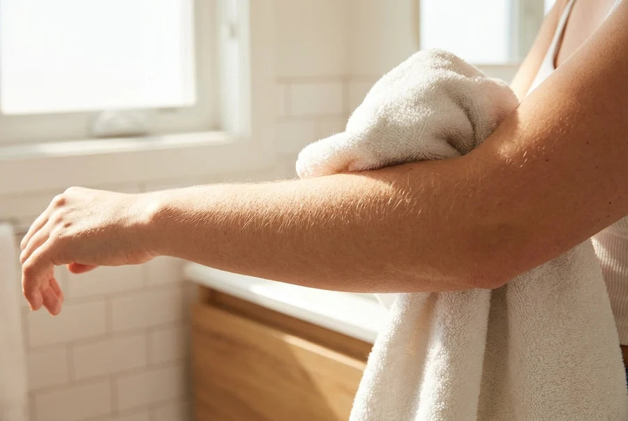 Towel-drying leg, sunlit bathroom, 1:1